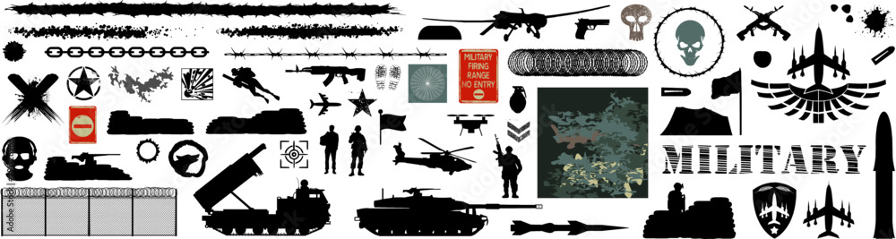 Vektor Set Silhouetten, Symbole und Design Elemente - Militär und Militärische Elemente - Verteidigung Konflikt - Soldaten, Systeme und Waffen