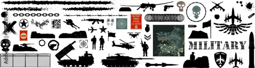 Vektor Set Silhouetten, Symbole und Design Elemente - Militär und Militärische Elemente - Verteidigung Konflikt - Soldaten, Systeme und Waffen photo