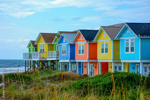 A row of colorful beach houses overlooking the ocean, their vibrant hues standing out against the blue sky.