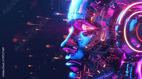 A digital artwork of an AI humanoid head with headphones, illuminated holographic 