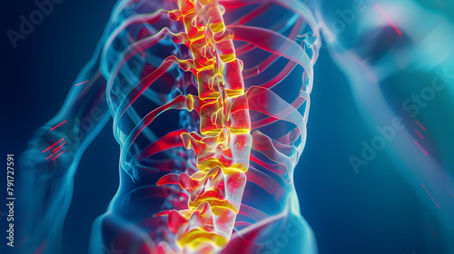 Human spine in x-ray on blue background. The neck spine is highlighted by yellow red colour. Medical examination of spinal injuries.