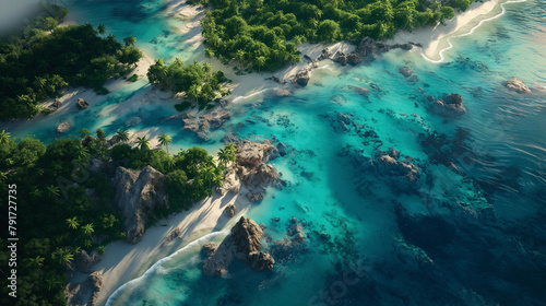 A breathtaking aerial view of a tropical island paradise, with palm-fringed beaches, turquoise waters, and coral reefs visible under the surface