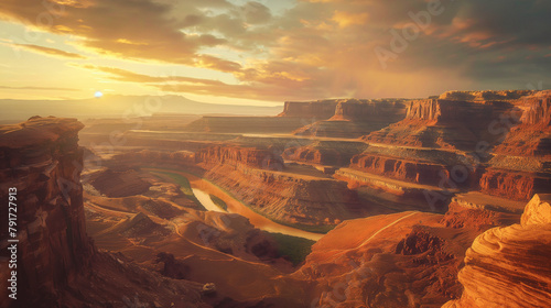 A breathtaking canyon landscape, with layered rock formations, winding rivers, and a colorful sky at sunset. 