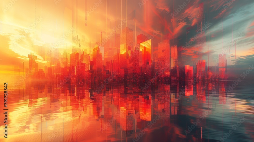 A city skyline is reflected in a body of water A city skyline is reflected in a body of water