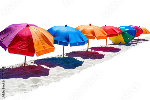 A row of colorful beach umbrellas casting shadows on the sand, creating a picturesque scene of relaxation and enjoyment during summer vacations isolated on solid white background. © Ahmad