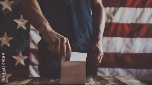 the silhouette of a citizen from the hand of a man with a white envelope, who casts his vote in the ballot box against the background of the American flag. The concept of an election banner during photo