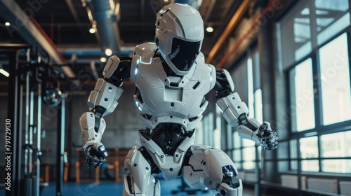Robot Athlete Engaging in Rigorous Training Routines Within a Futuristic Gymnasium