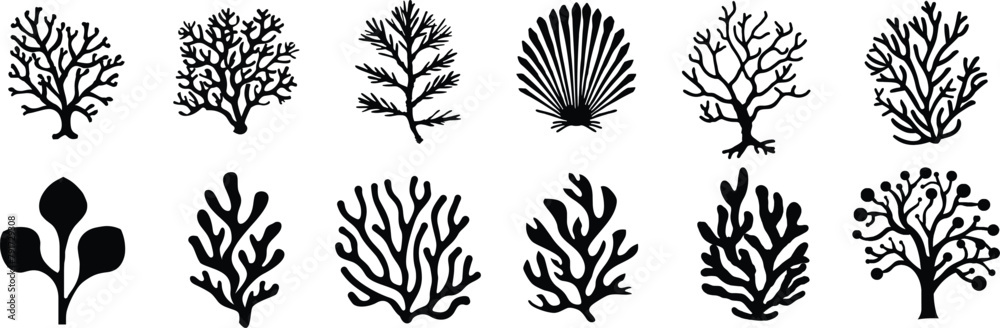 Set of corals, underwater plants, vector illustration.