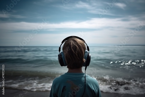 A teenage boy listens to music with headphones and looks at the sea.