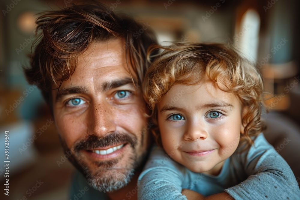 Intimate close-up capturing the shared resemblance between a father and his young son, especially their striking blue eyes Intimate close-up capturing the shared resemblance between a father and his young son, especially their striking blue eyes