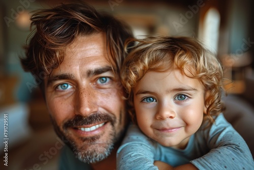 Intimate close-up capturing the shared resemblance between a father and his young son, especially their striking blue eyes