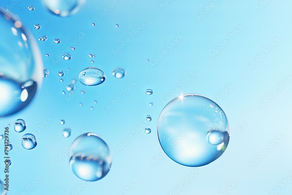 Sky Blue bubble with water droplets on it, representing air and fluidity. Web banner with copy space for photo text or product, blank empty copyspace