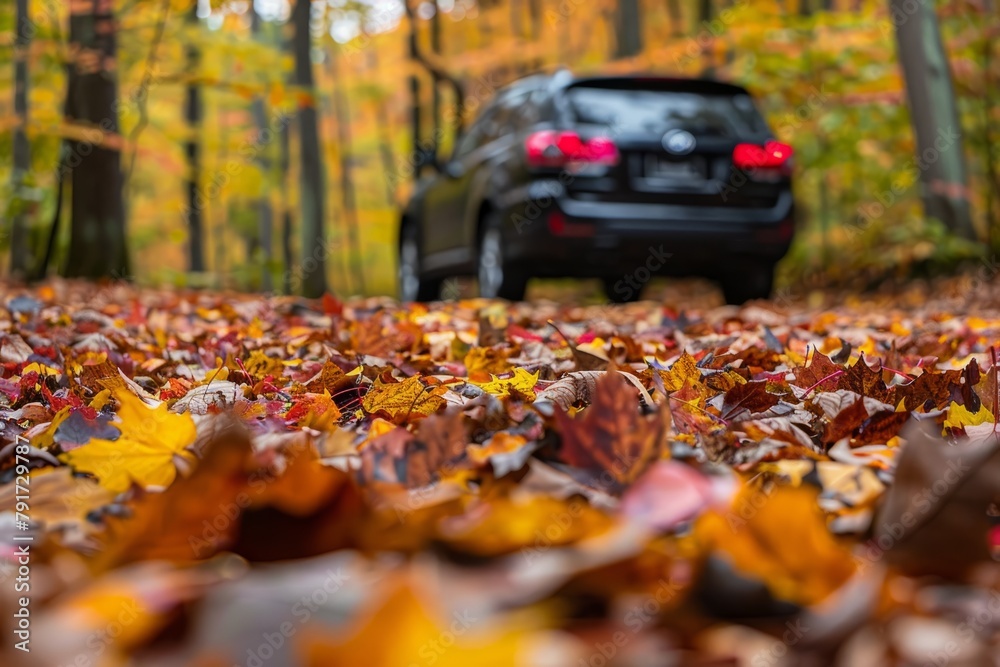 A black car navigates through a forest abundant with fallen leaves in autumn