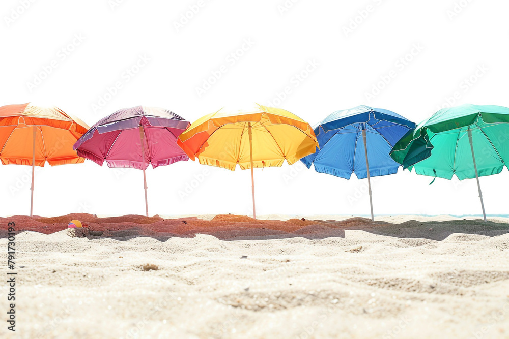 A row of colorful beach umbrellas casting shadows on the sand, creating a picturesque scene of relaxation and enjoyment during summer vacations isolated on solid white background.