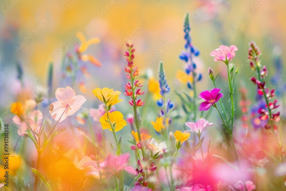 Numerous vibrant wildflowers scattered across lush green grass, standing out in sharp detail against a soft, dreamy background