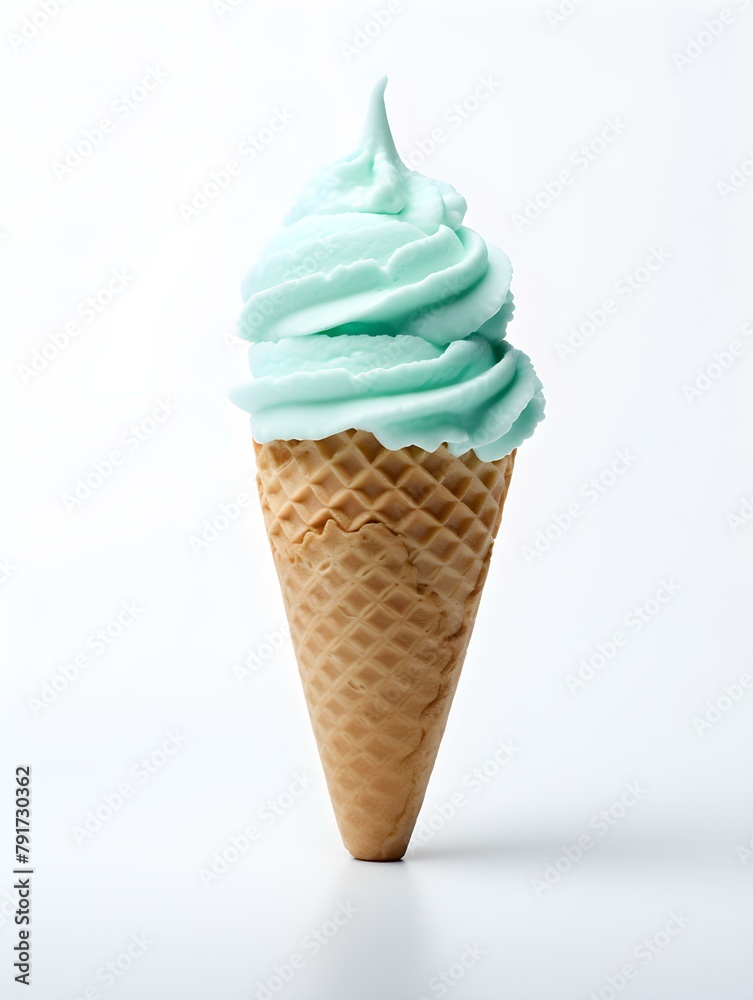 Cyan Ice Cream in a Waffle Cone on a white Background. Template with Copy Space Cyan Ice Cream in a Waffle Cone on a white Background. Template with Copy Space