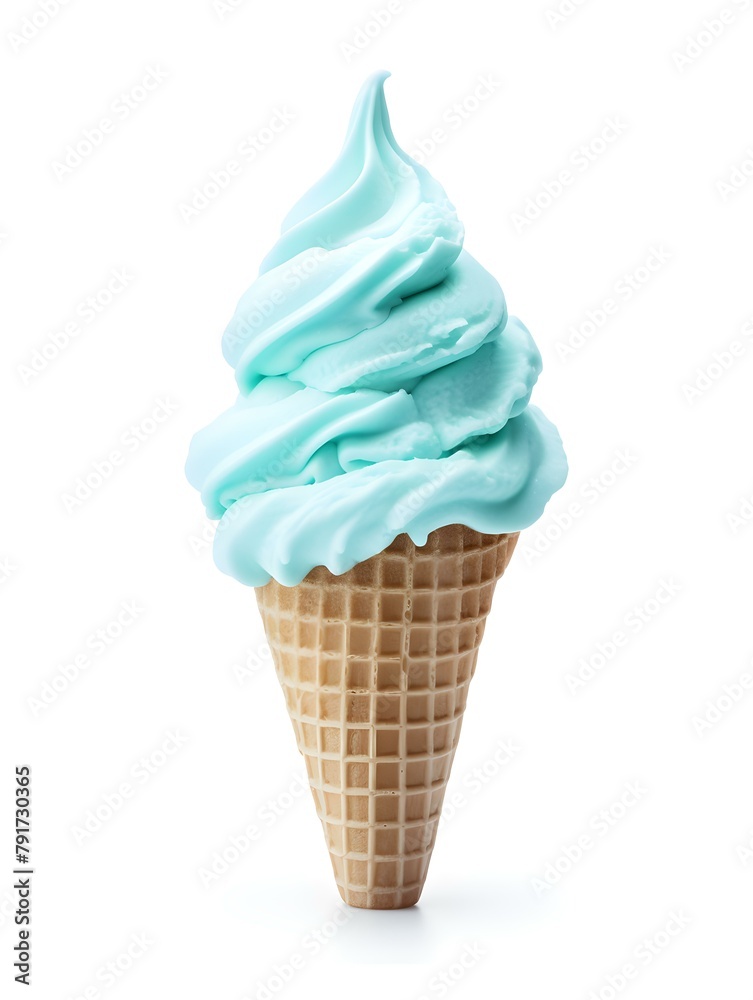 Cyan Ice Cream in a Waffle Cone on a white Background. Template with Copy Space