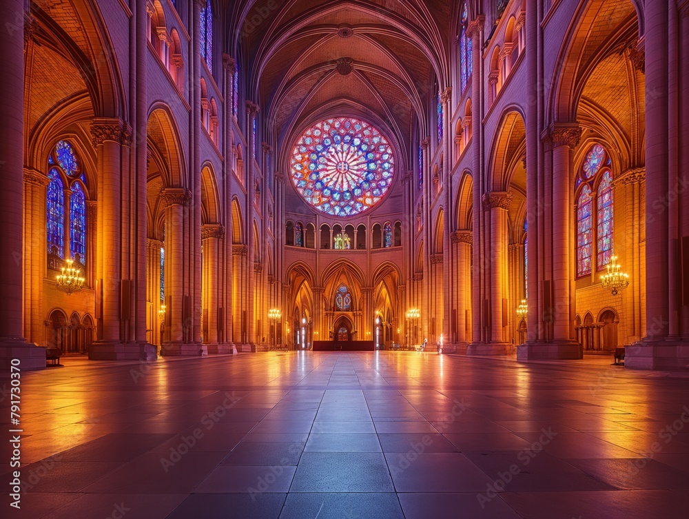 A large cathedral with a stained glass window in the middle. The window is filled with colorful designs and the room is lit up by the sun