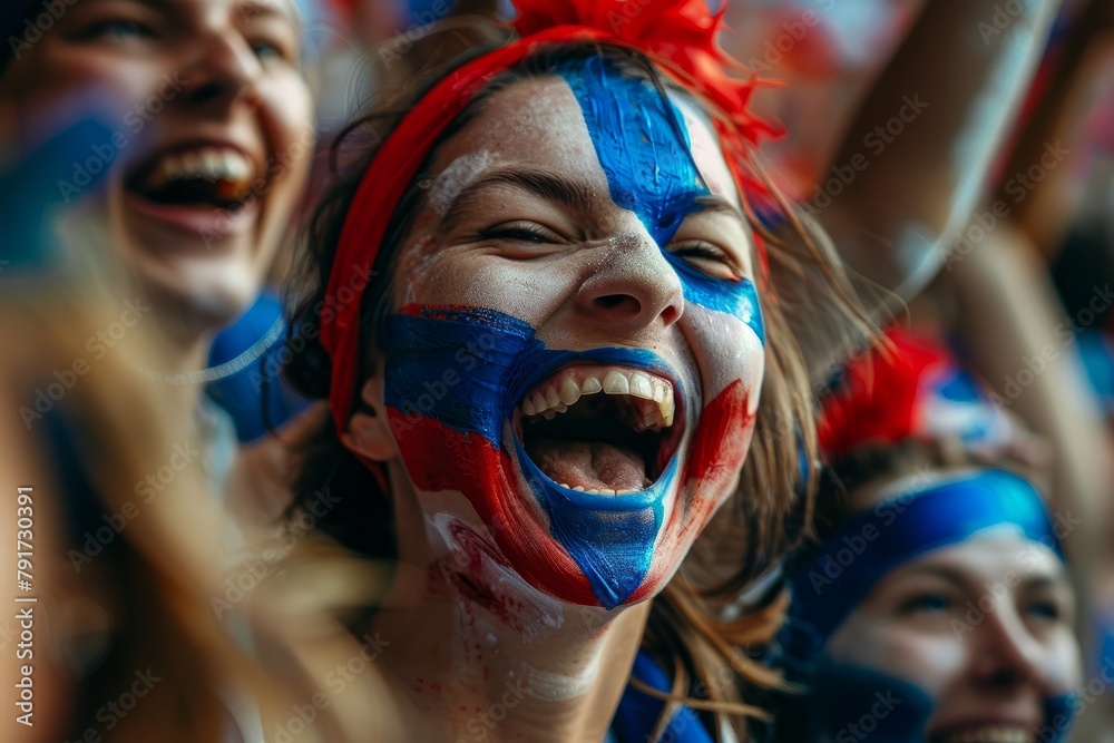 Group of passionate European football fans cheer with faces painted in blue and red colors, showing support for their team