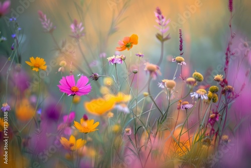 Various vibrant flowers blooming in a grassy field, swaying gently in the breeze with a dreamy soft focus effect