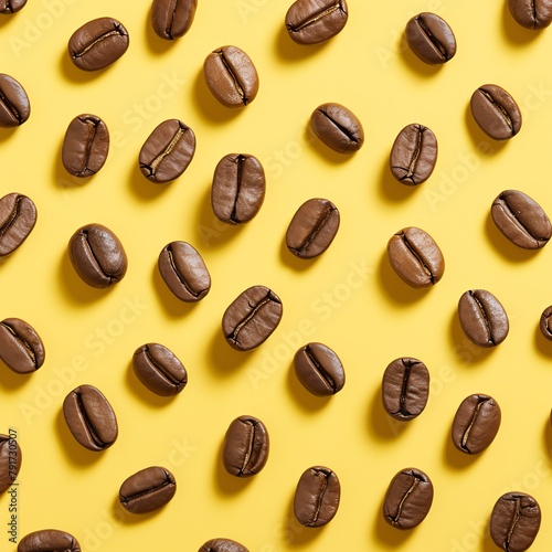 a group of coffee beans on a yellow background