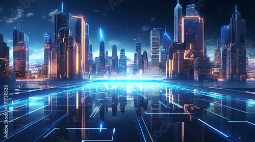 Futuristic City Technology with Digital Glowing Lights