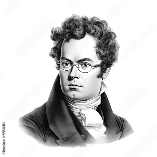 Black and white vintage engraving, close-up headshot portrait of Franz Peter Schubert, the famous historical Austrian composer of the late Classical and early Romantic era, white background, greyscale
