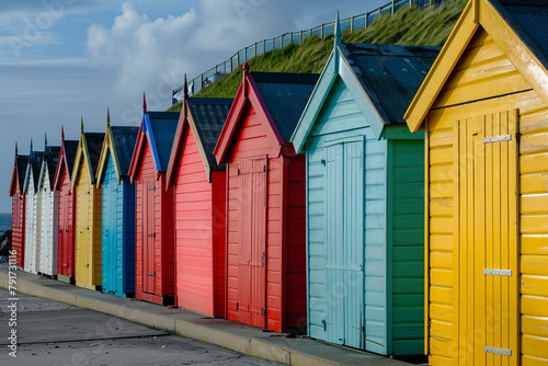 A row of vibrant beach huts lined up along the shoreline.