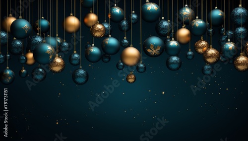 a group of blue and gold ornaments from strings