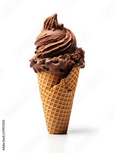 Dark Brown Ice Cream in a Waffle Cone on a white Background. Template with Copy Space