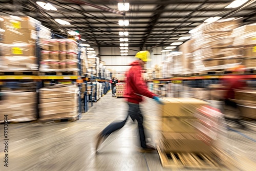 A person in a warehouse is actively moving boxes amidst a busy environment filled with pallets and merchandise