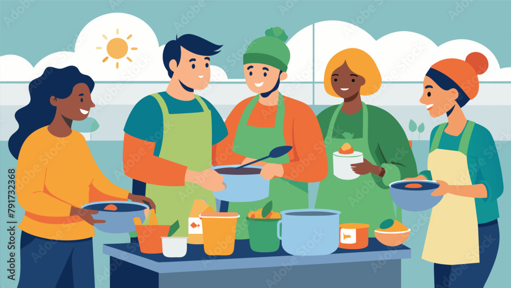 Volunteers preparing and serving hot meals at a soup kitchen providing nourishment and a sense of community for those experiencing food Volunteers preparing and serving hot meals at a soup kitchen providing nourishment and a sense of community for those experiencing food