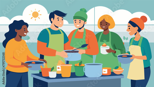 Volunteers preparing and serving hot meals at a soup kitchen providing nourishment and a sense of community for those experiencing food