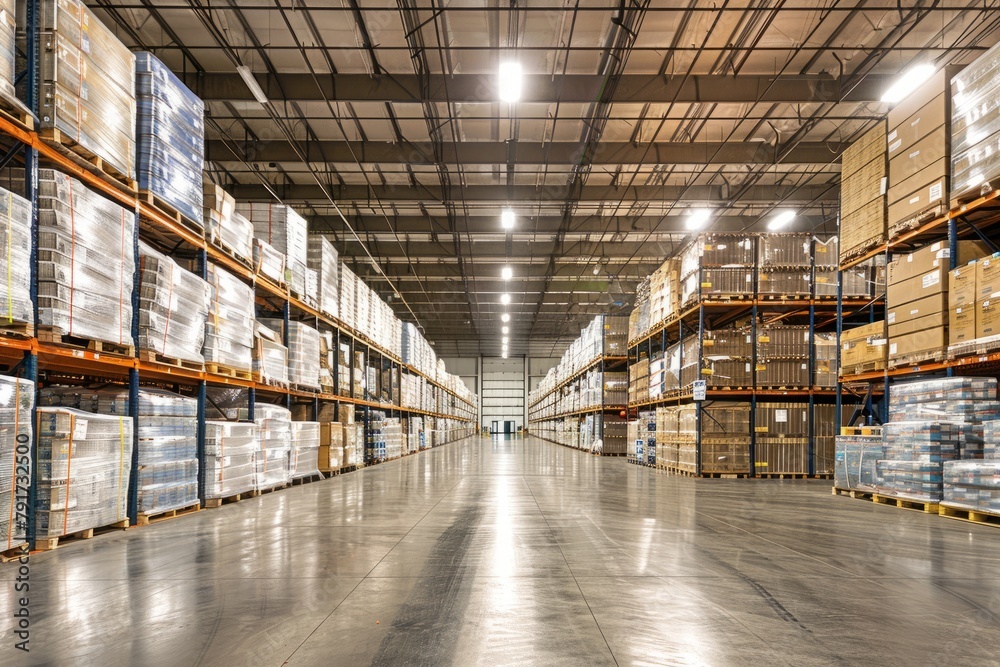 A large warehouse is meticulously organized, with rows of neatly stacked boxes filling the space