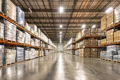 A large warehouse is meticulously organized, with rows of neatly stacked boxes filling the space
