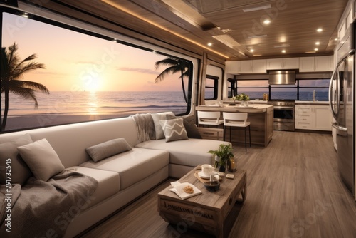 Wide photo of a luxurious motorhome interior with a sweeping view of a beach sunset through large windows, featuring a stylish living area and a modern kitchen setup, perfectly blending indoor comfort © Aksana