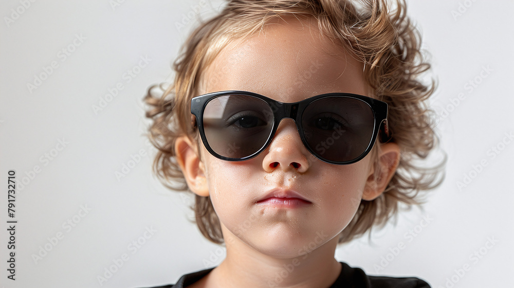 Young Child with Curly Hair Wearing Black Sunglasses and Shirt
