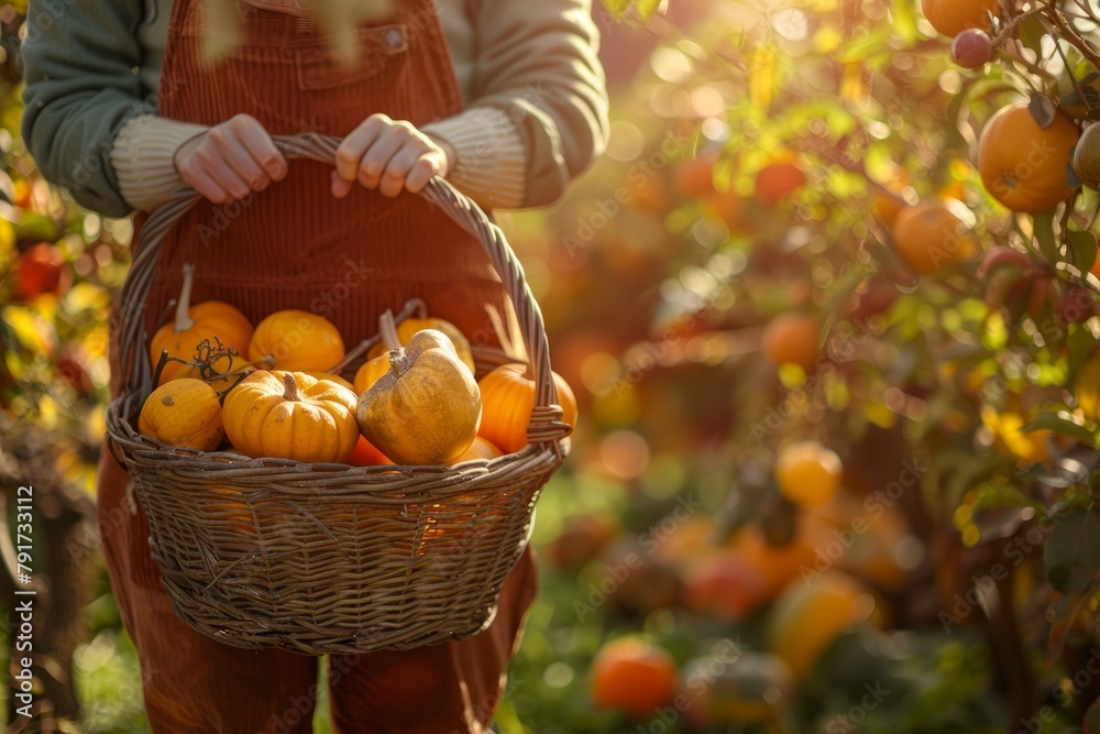 A woman standing outdoors, holding a basket filled with ripe oranges