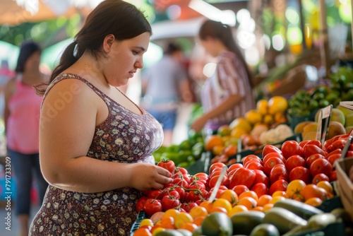 Young plump woman chooses vegetables at a market stall, healthy lifestyle concept Concept: health, nutrition, shopping, market, vegetables diet