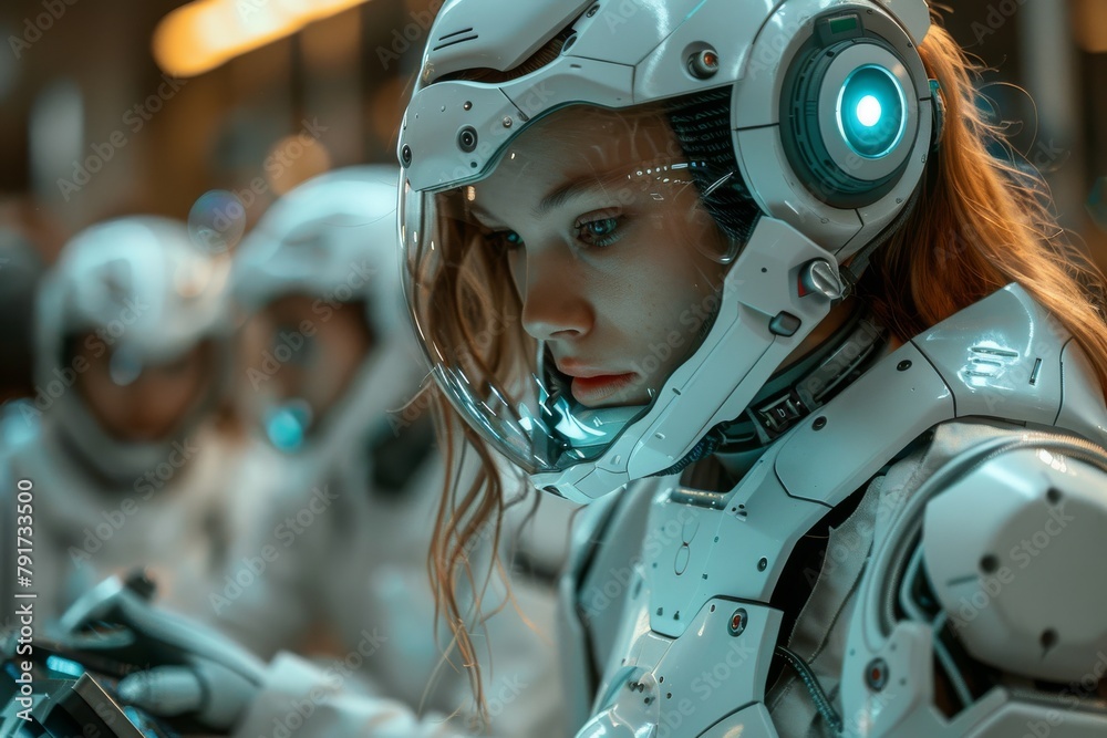 A portrait emphasizing the advanced technology of a cyborg with a luminous eye wearing a space suit A portrait emphasizing the advanced technology of a cyborg with a luminous eye wearing a space suit