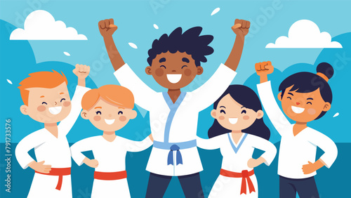 In a heartwarming display of sportsmanship a group of young martial artists cheer on and uplift their visibly nervous opponent creating a true