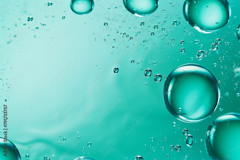 Teal bubble with water droplets on it, representing air and fluidity. Web banner with copy space for photo text or product, blank empty copyspace