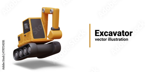 Realistic excavator in motion. Working heavy machinery
