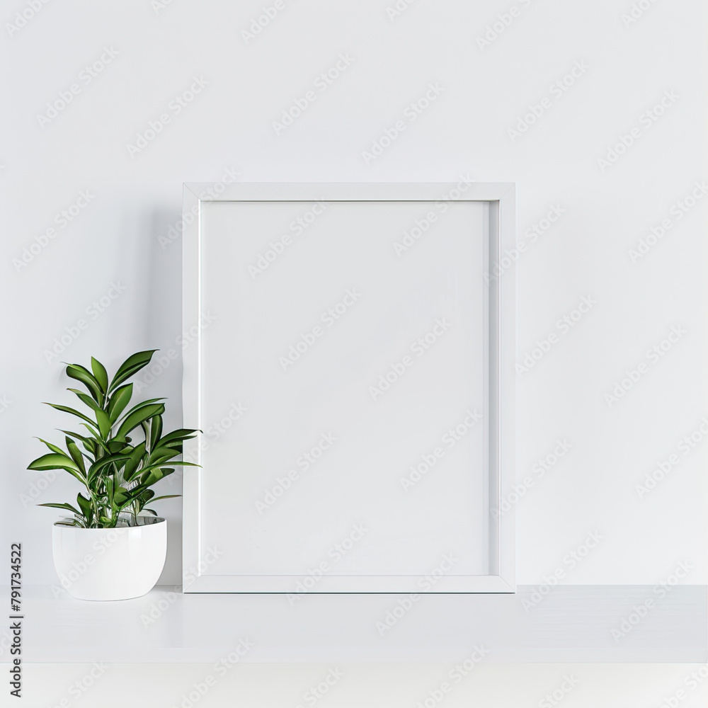 White, empty frame against a white wall, next to a potted plant
White, empty frame against a white wall, next to a potted plant