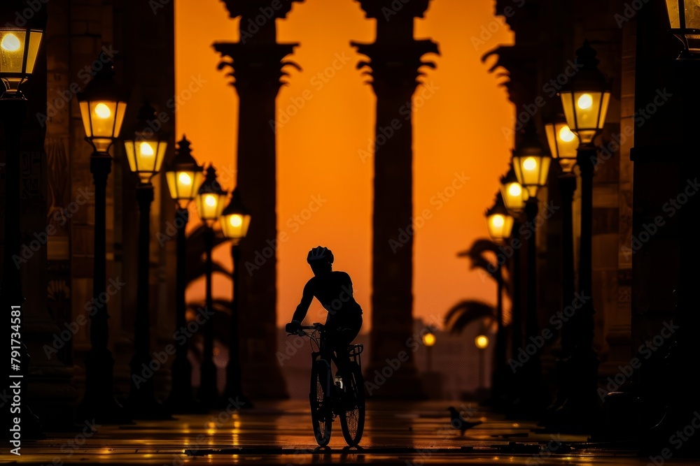 A man cycling down a street at night, surrounded by ancient architecture and illuminated street lamps