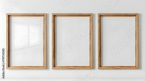 Three large wooden frame mockups in sizes 50x70  20x28  A3  A4  displayed on a white wall. The frames have a clean  modern  and minimal design 