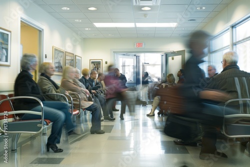 A group of patients and visitors sitting in chairs in a hospital waiting area, with varied expressions and body language photo