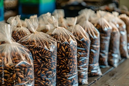 Edible insects at insect farm packed in bags