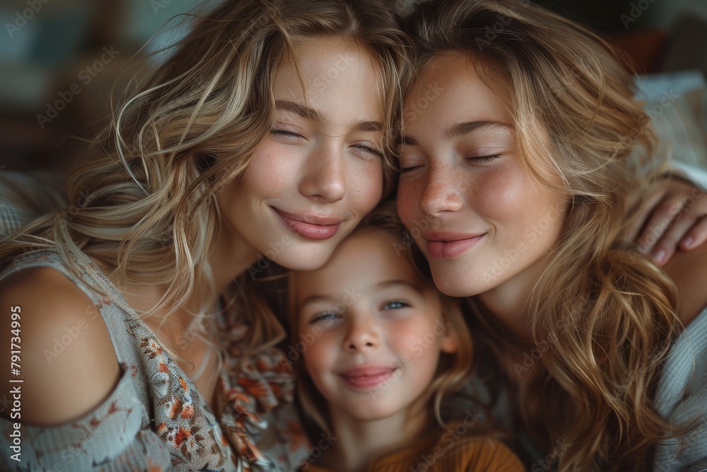 Beautiful bond of three blonde females hugging and smiling with closed eyes