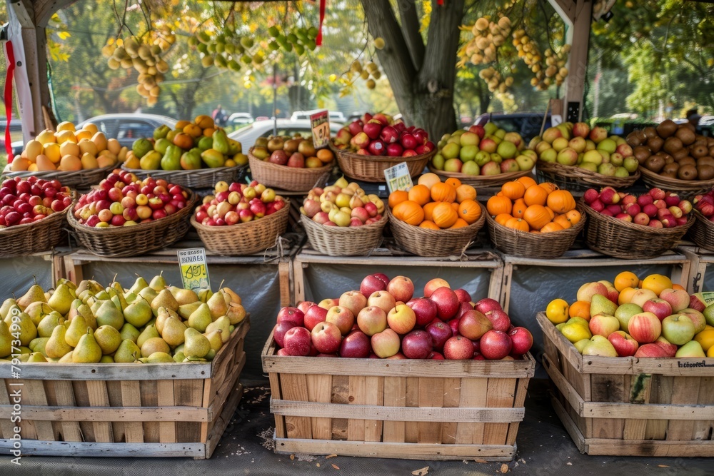 Several baskets filled with fresh apples, pears, and pumpkins displayed at a vibrant farmers market stall